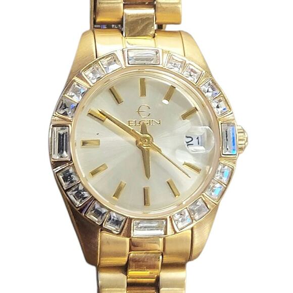 Vintage Elgin gold-tone quartz watch for women with a crystal-accented bezel and - Picture 1 of 6